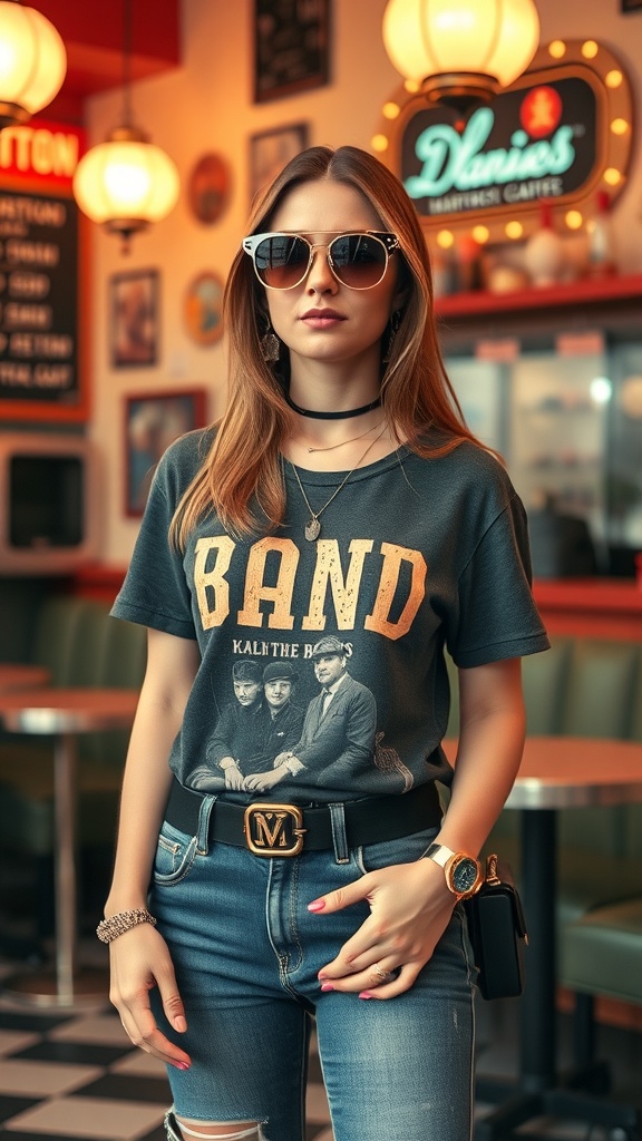 A woman wearing a vintage band t-shirt with high-waisted jeans, accessorized with sunglasses and a belt, in a retro diner setting.