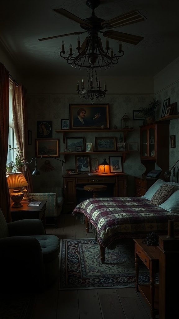 A cozy dark bedroom featuring vintage furniture and decor.
