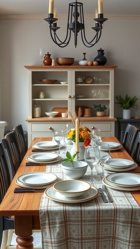 A beautifully set farmhouse kitchen table with vintage tableware, including plates, bowls, and glasses, surrounded by a warm and inviting atmosphere.