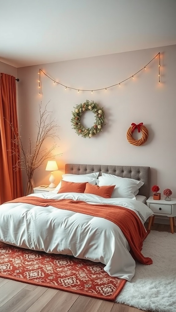 A cozy winter bedroom featuring warm colors with a red blanket, orange curtains, and decorative wreaths.