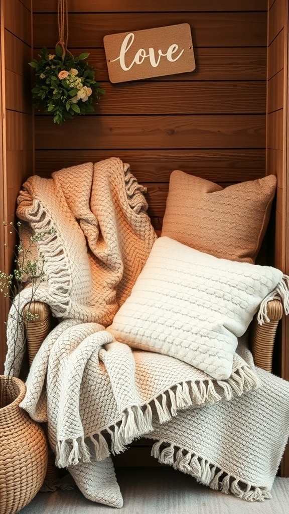 A cozy coffee nook with warm textiles including blankets and pillows.
