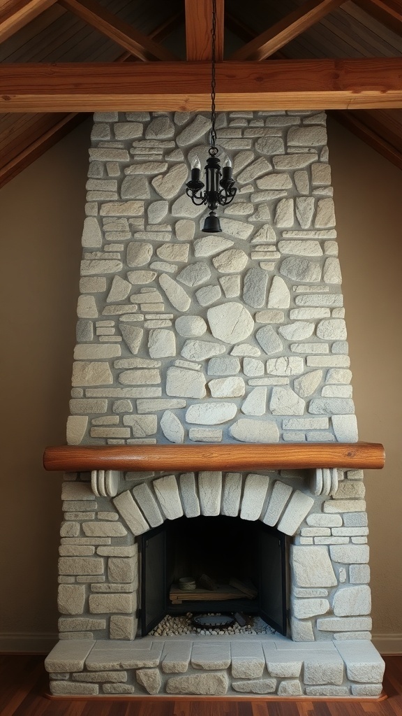 A rustic stone fireplace with wooden beams and a chandelier.