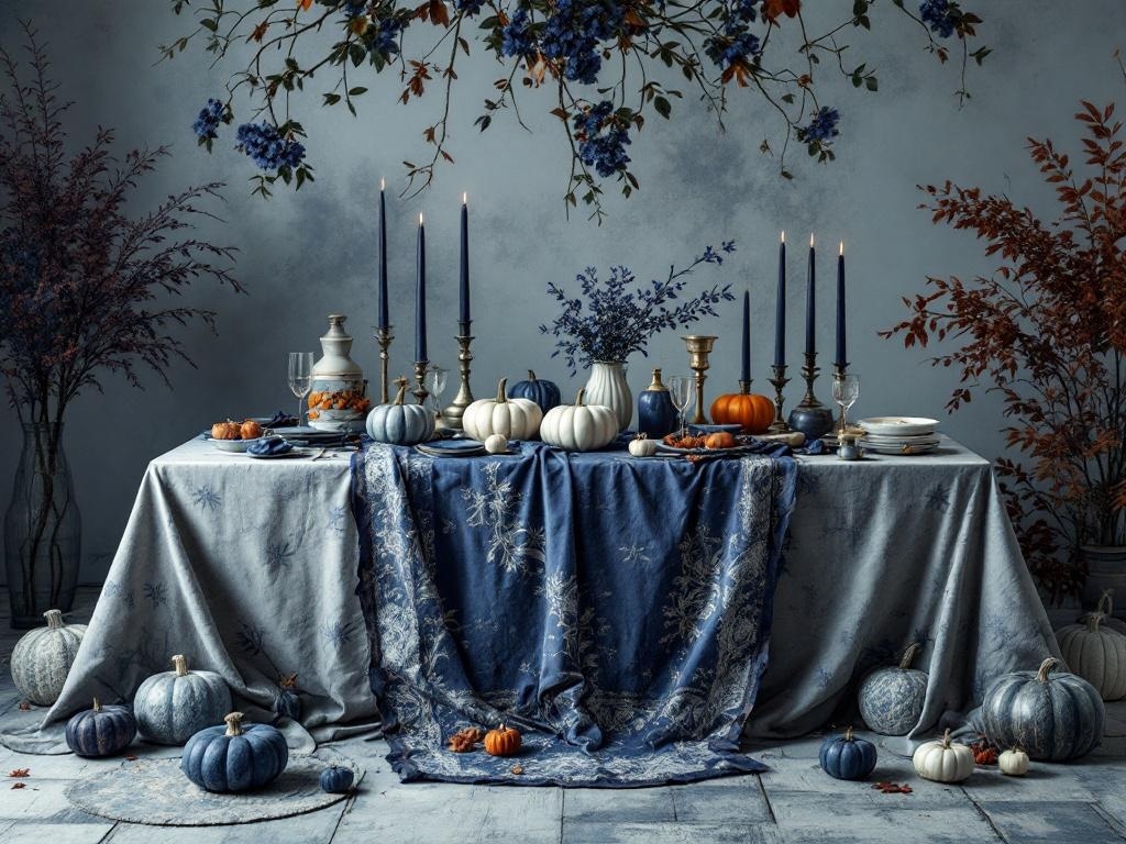 A beautifully set Thanksgiving table with an indigo tablecloth, pumpkins, candles, and floral arrangements.