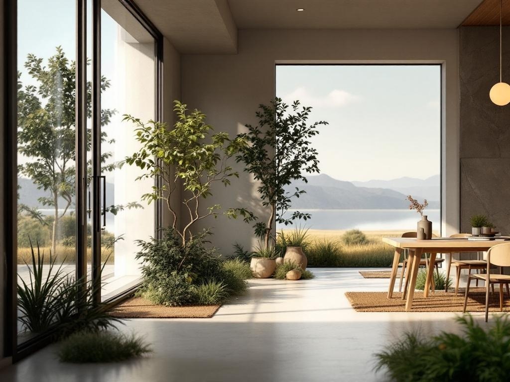 A bright indoor space with large glass doors opening to a scenic outdoor view, featuring plants and natural materials.