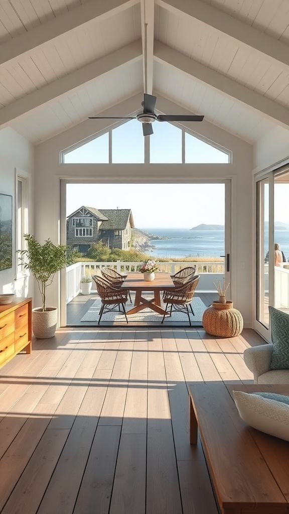 A bright and airy living space with large windows overlooking a coastal view.