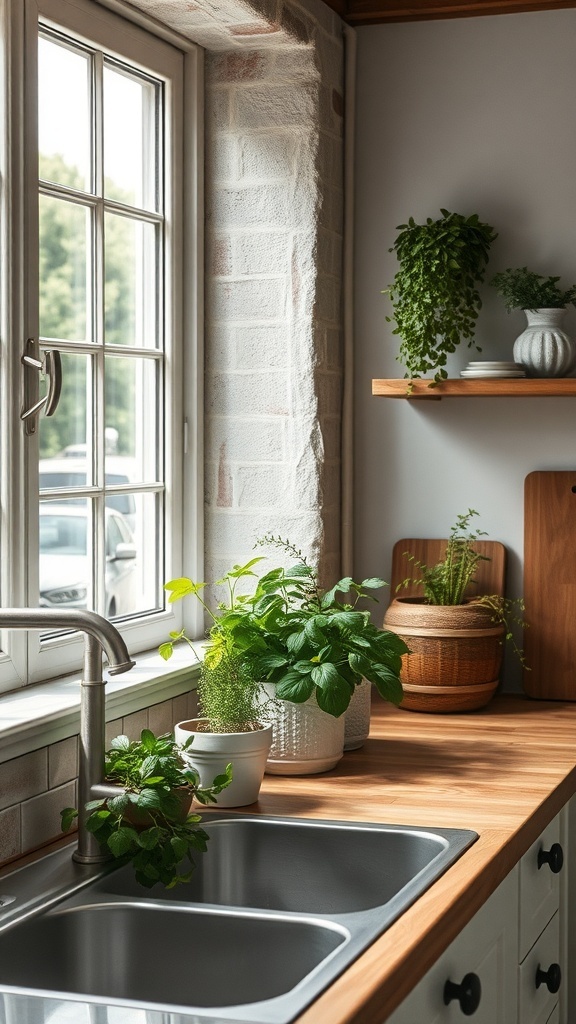 A rustic modern kitchen with an indoor herb garden by the window, featuring various potted herbs.