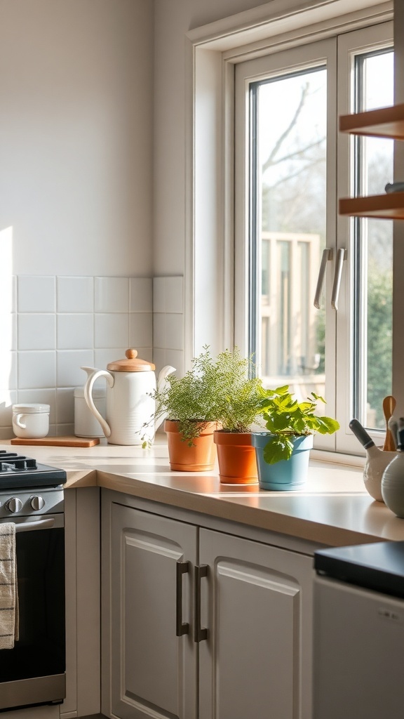A cozy kitchen with potted herbs on the windowsill, showcasing a modern design.