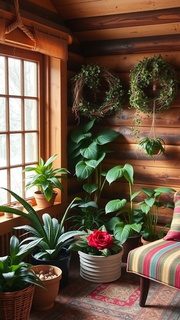 Cozy winter cabin interior with various indoor plants and a colorful chair.