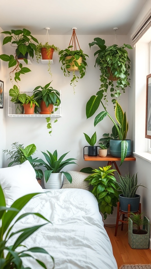 A cozy bedroom nook with various indoor plants, including hanging and potted greenery.