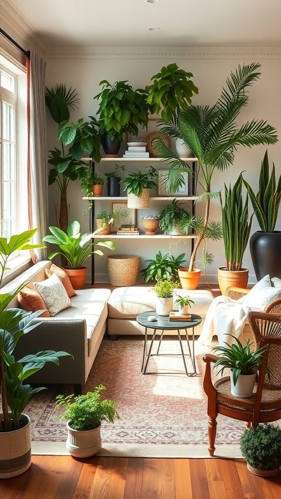 A cozy living room in an old farmhouse filled with various indoor plants, showcasing a warm and inviting atmosphere.