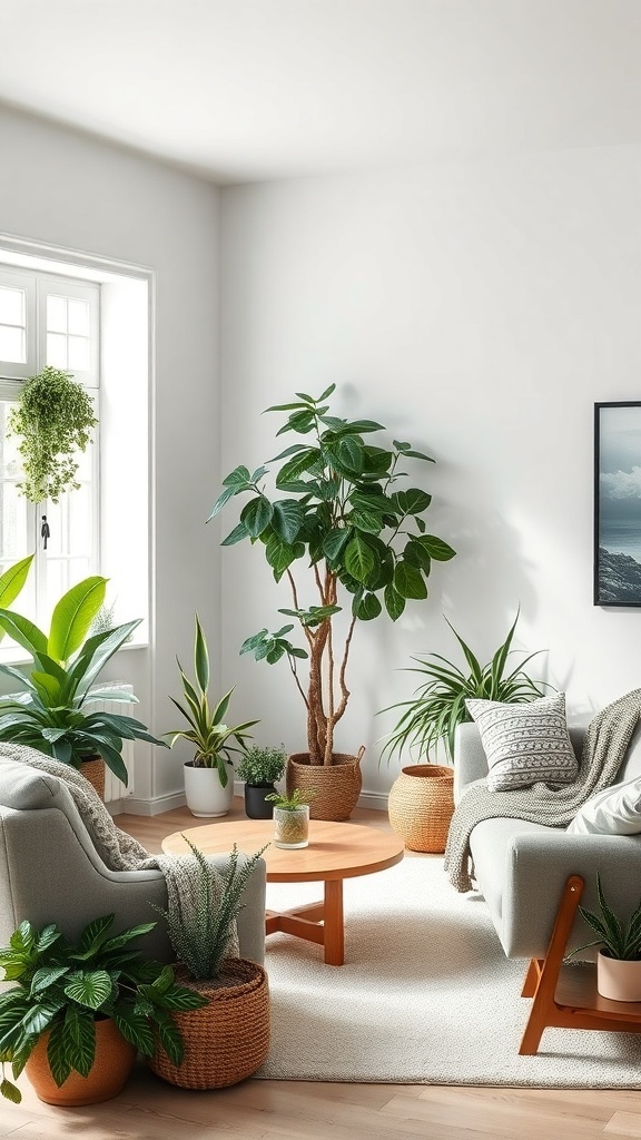 A cozy grey farmhouse living room with various indoor plants, showcasing a warm and inviting atmosphere.