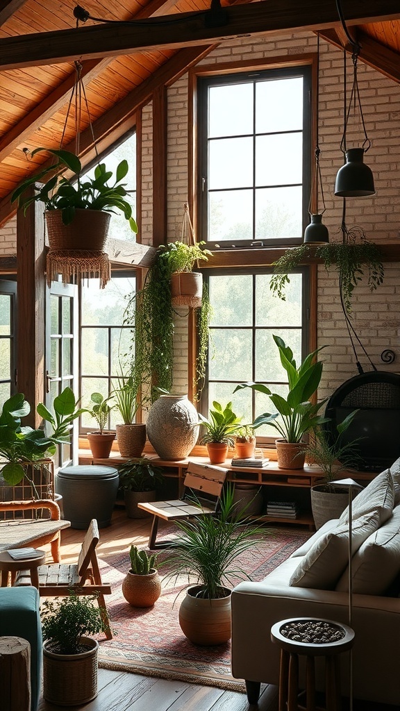 A cozy rustic living room filled with various indoor plants and greenery.