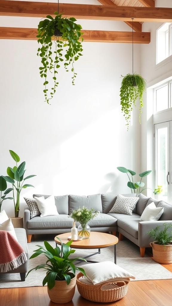 A contemporary farmhouse living room with indoor plants and greenery.