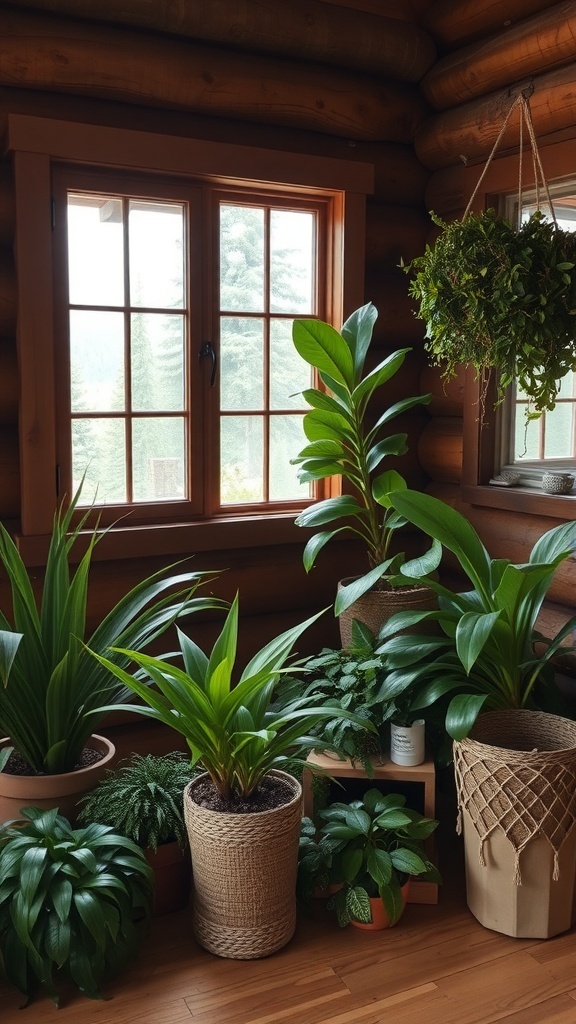 Indoor plants in a cozy mountain cabin setting