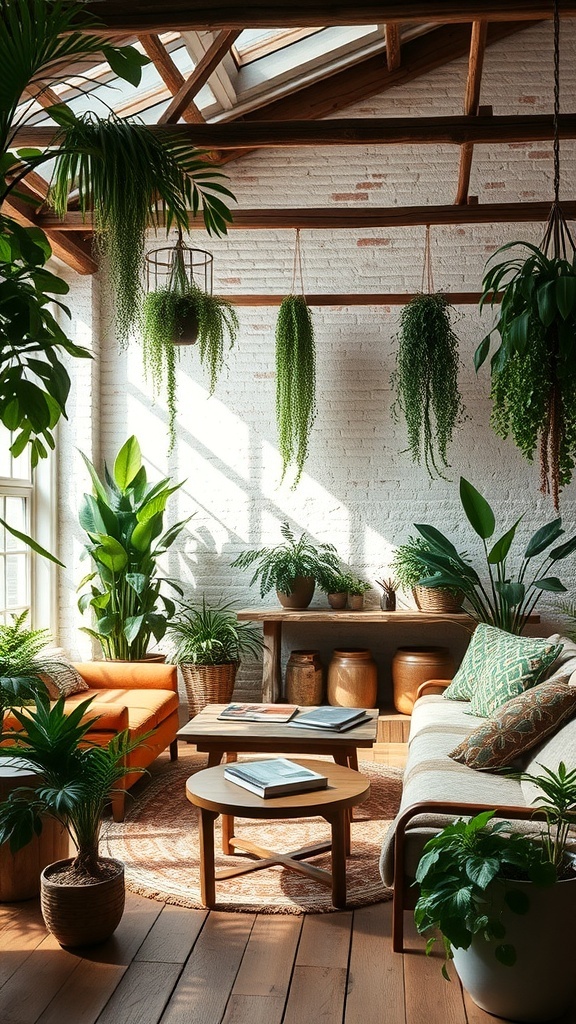 A cozy rustic interior with various indoor plants and greenery.
