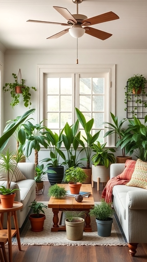 A cozy farmhouse living room filled with various indoor plants, showcasing a fresh and inviting atmosphere.