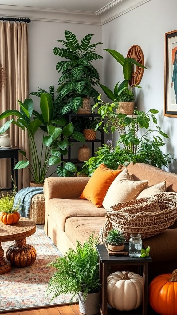 Cozy living room with indoor plants, pumpkins, and autumn decor