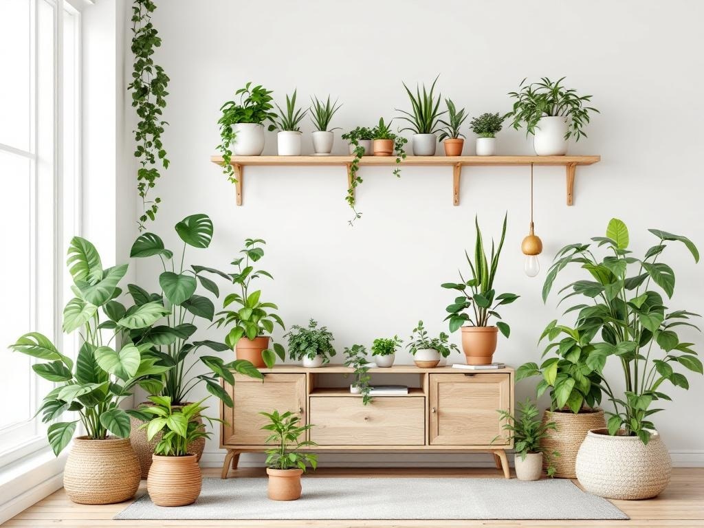 A bright room filled with various indoor plants on a wooden shelf and floor, creating a lively atmosphere.