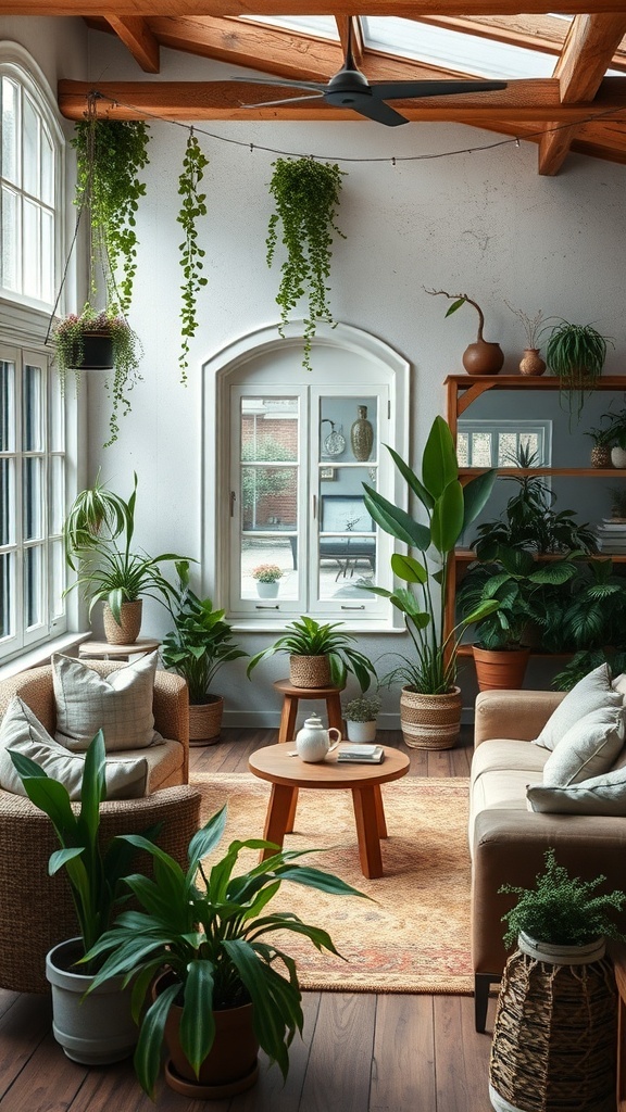 A rustic living room filled with various indoor plants, showcasing a cozy and inviting atmosphere.