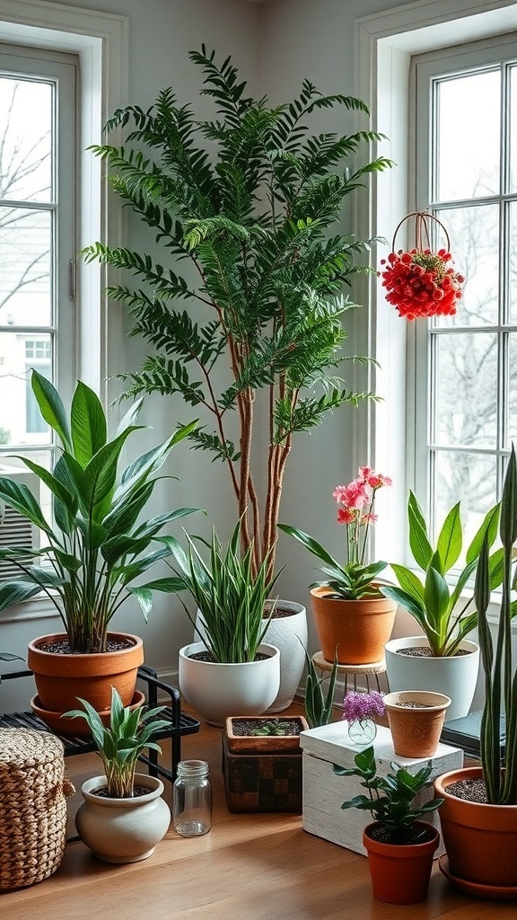 A cozy winter room filled with various indoor plants near a window.