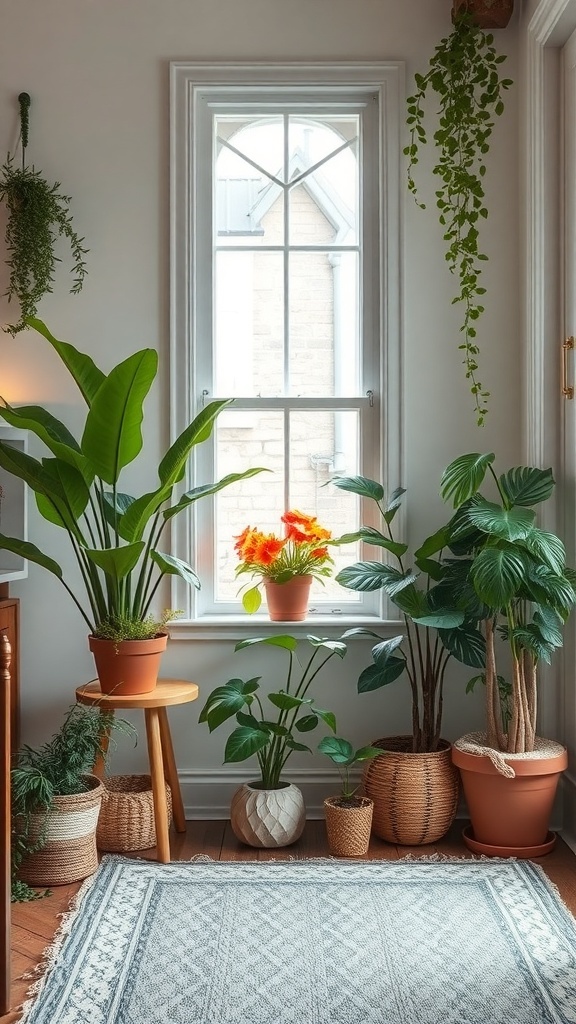 A cozy indoor space with various indoor plants near a window, creating a warm atmosphere.