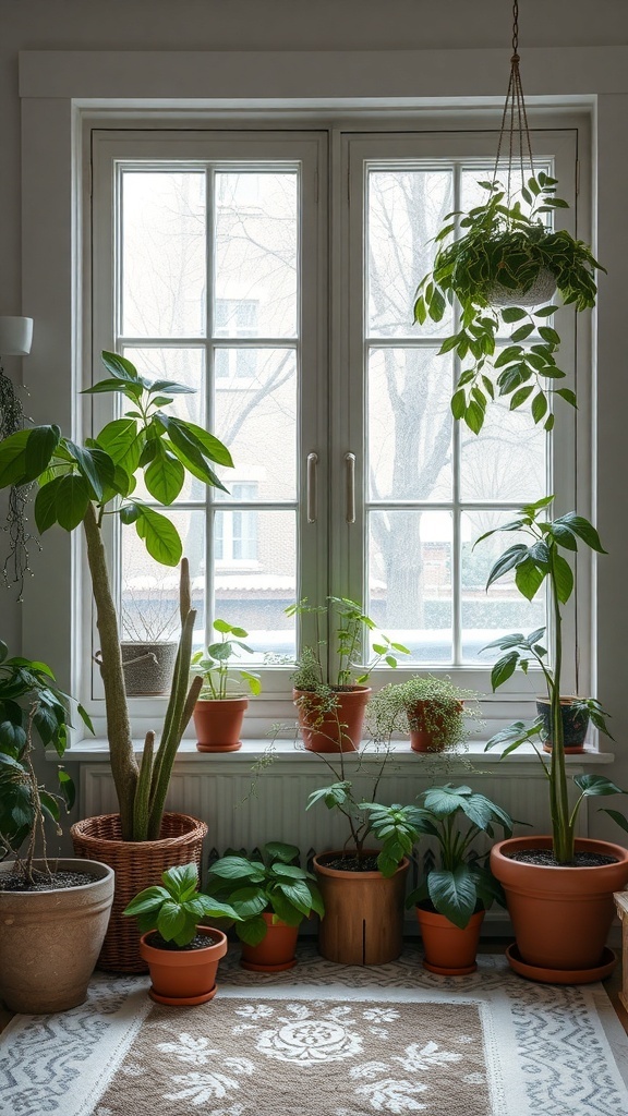 A cozy winter room with various indoor plants near a window.
