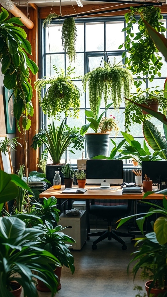 A rustic office filled with various indoor plants, creating a fresh and inviting atmosphere.