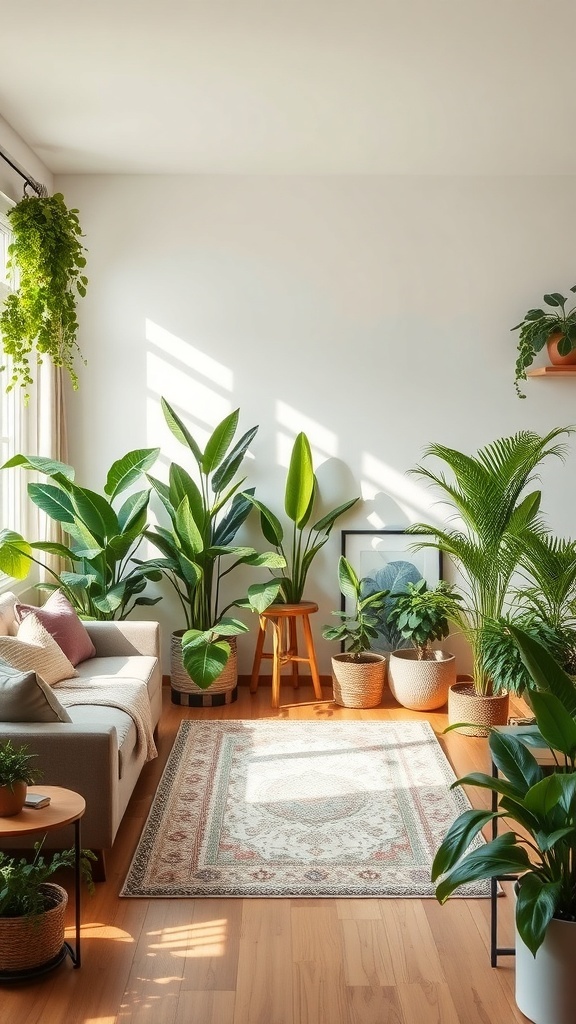 A bright living room filled with various indoor plants, showcasing a cozy and inviting atmosphere.