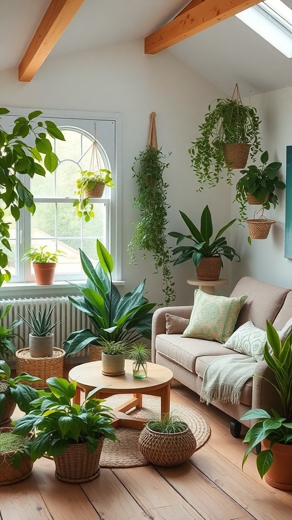 A cozy living room filled with various indoor plants, showcasing a warm and inviting atmosphere.