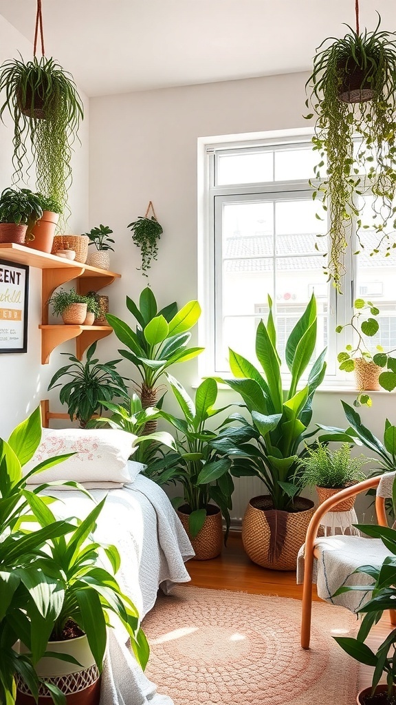 A cozy boho dorm room filled with various indoor plants, including hanging and potted plants, creating a fresh and inviting atmosphere.