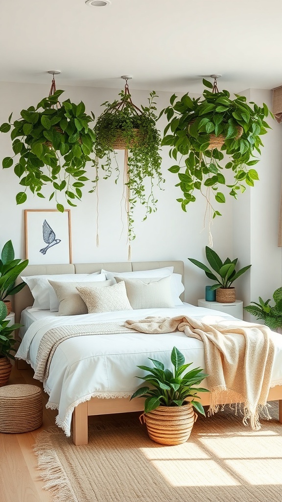 A coastal bedroom featuring hanging plants and potted greenery, creating a fresh and inviting atmosphere.