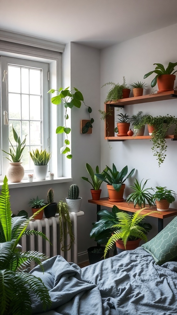 A cozy bedroom filled with various indoor plants, showcasing a fresh and earthy atmosphere.