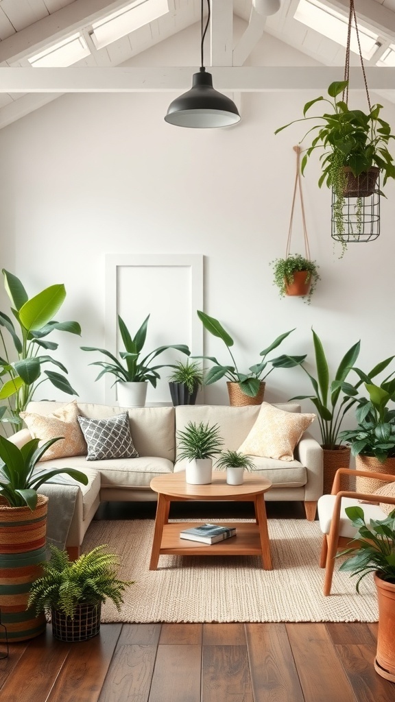 A cozy farmhouse living room filled with various indoor plants, featuring a comfortable sofa, wooden coffee table, and natural light.