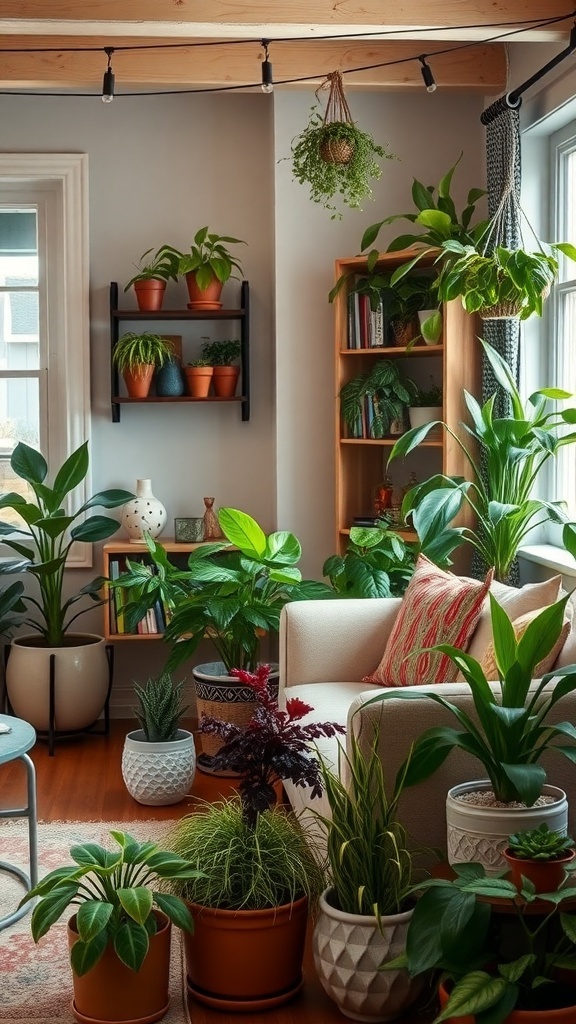 A cozy cottage living room filled with various indoor plants, showcasing a warm and inviting atmosphere.