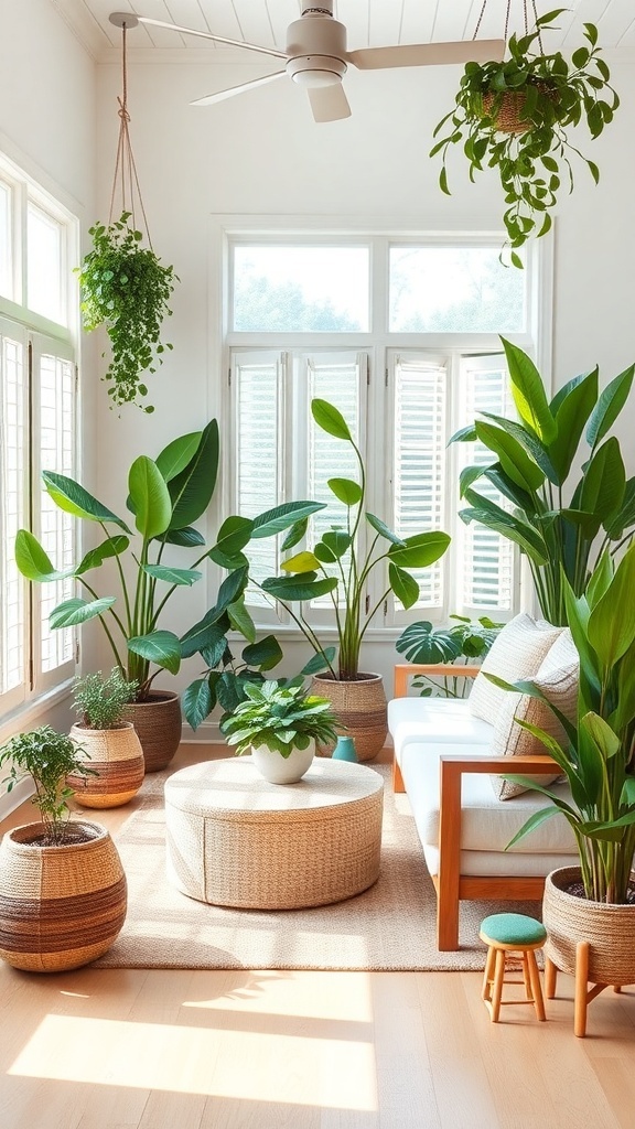 Bright and airy coastal farmhouse living room with various indoor plants.
