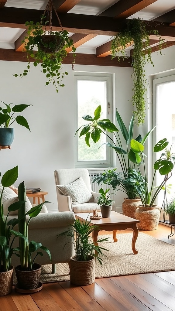 A cozy French cottage living room filled with various indoor plants.
