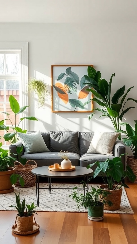 Cozy modern farmhouse living room with various indoor plants and a grey sofa.