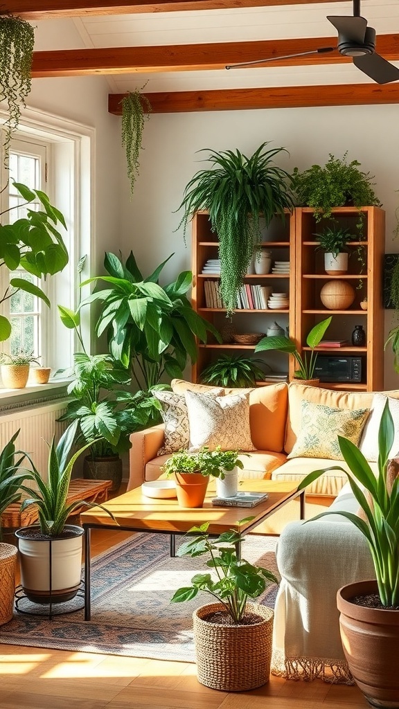 Cozy farmhouse living room filled with various indoor plants.