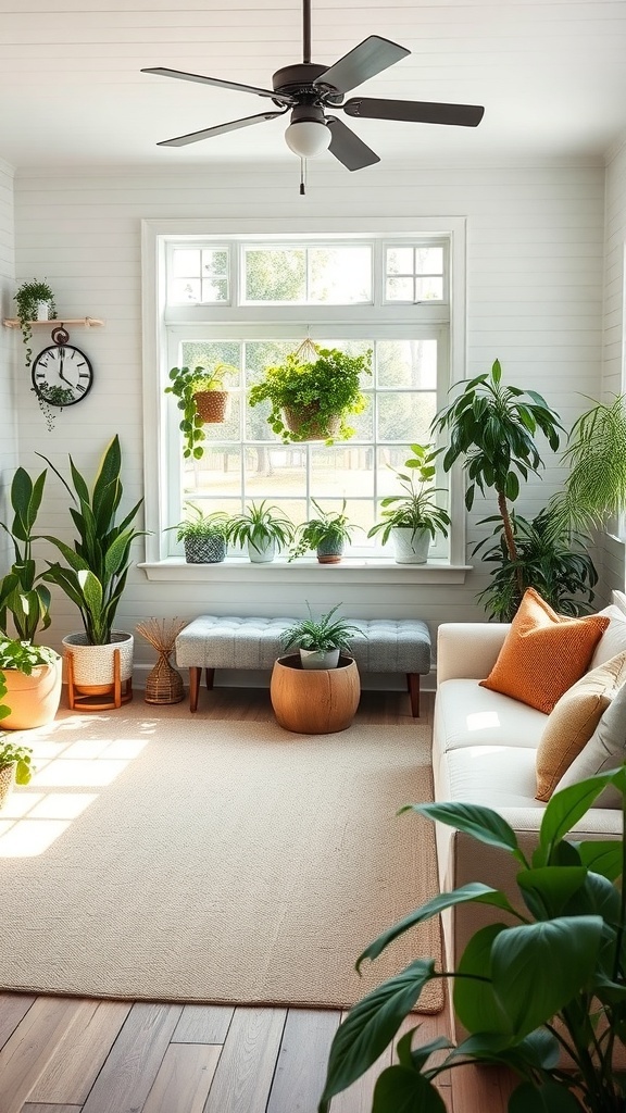 A bright farmhouse living room filled with various indoor plants, showcasing a cozy and fresh atmosphere.