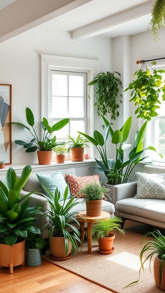 A cozy living room filled with various indoor plants, showcasing a modern cottage style.