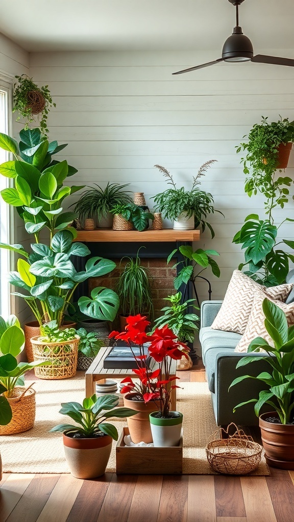 A cozy farmhouse style living room filled with various indoor plants, featuring a comfortable couch and a wooden coffee table.