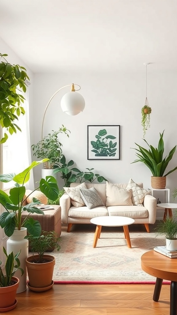 A bright and cozy boho farmhouse living room filled with various indoor plants, a comfortable couch, and a light wooden coffee table.
