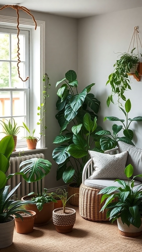 Cozy living room with various indoor plants and a comfortable seating area.