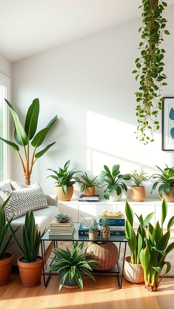 A bright coastal cottage living room filled with various indoor plants, showcasing a cozy and fresh atmosphere.