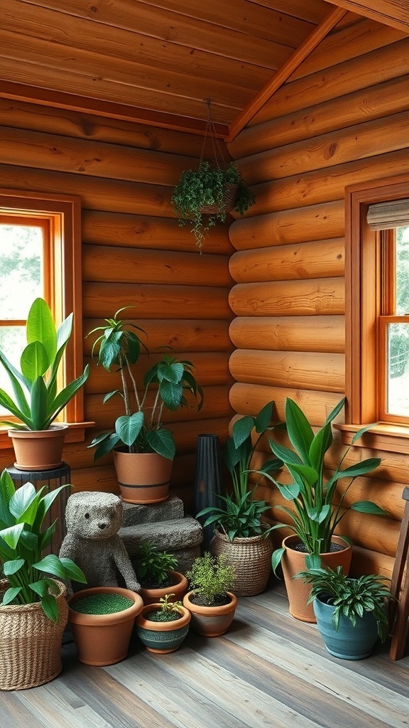 A cozy corner of a log cabin filled with various indoor plants in different pots.