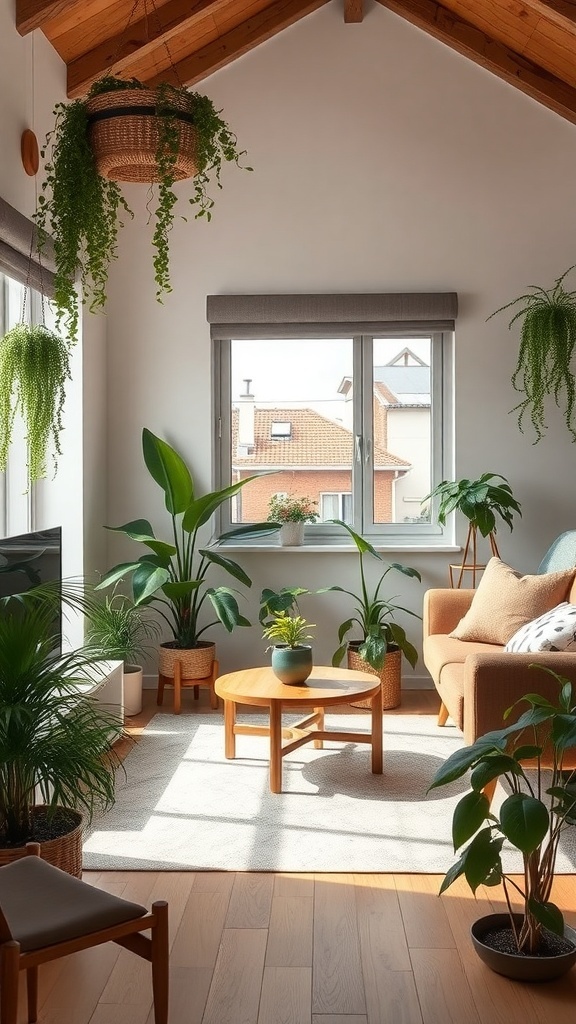 Cozy English cottage living room with various indoor plants.