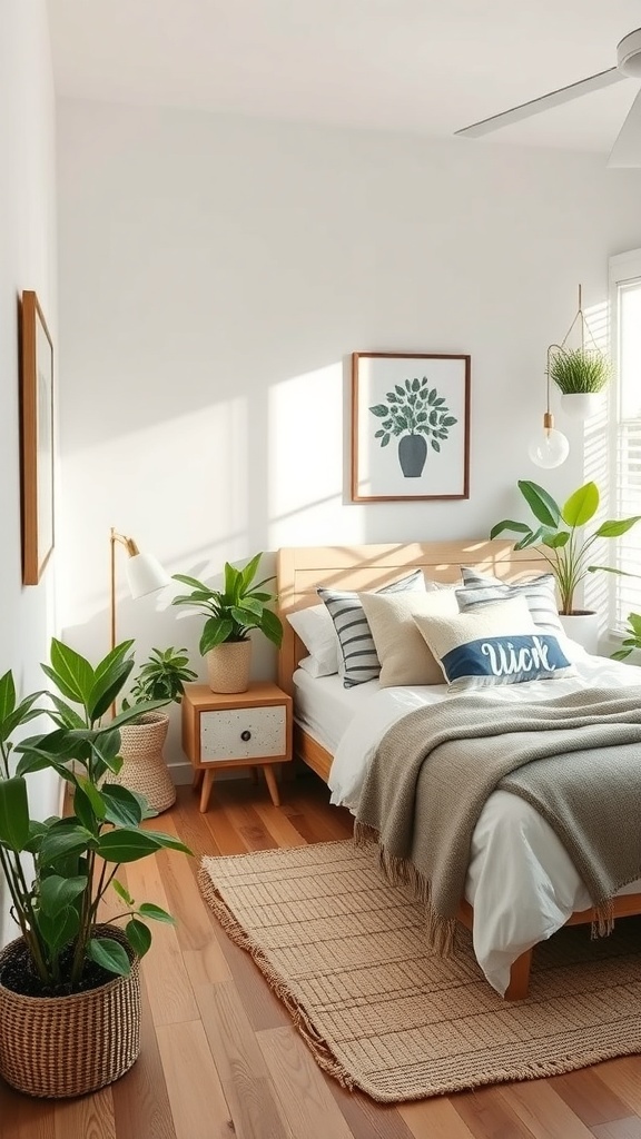 A modern farmhouse bedroom with indoor plants, featuring a cozy bed and natural decor.