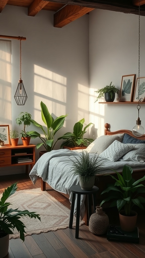 A cozy rustic bedroom with various indoor plants, a wooden bed, and warm lighting.