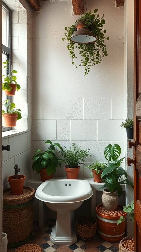 A rustic bathroom featuring various indoor plants in pots, creating a fresh and inviting atmosphere.