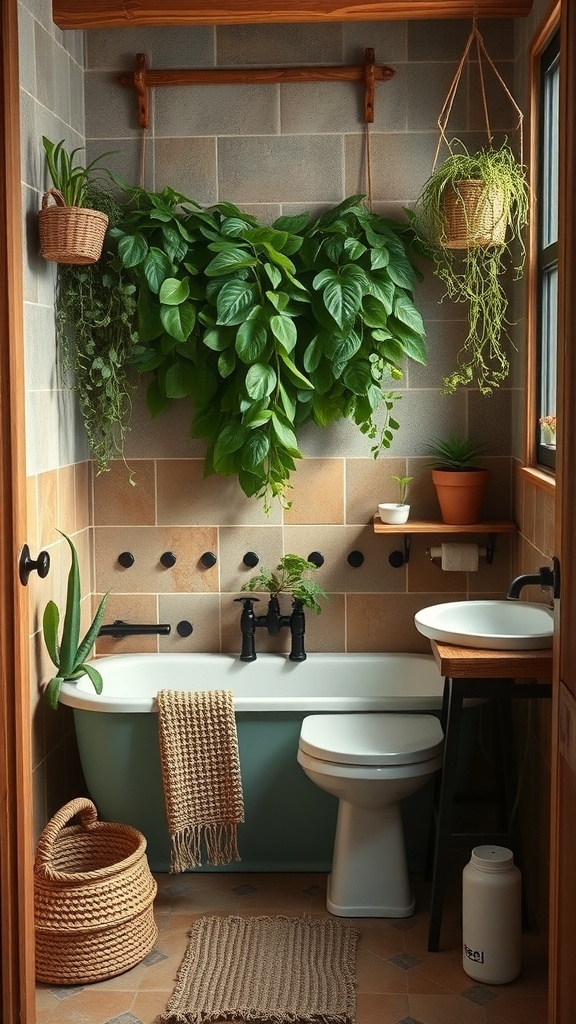 A rustic farmhouse bathroom featuring various indoor plants, including hanging and potted varieties.